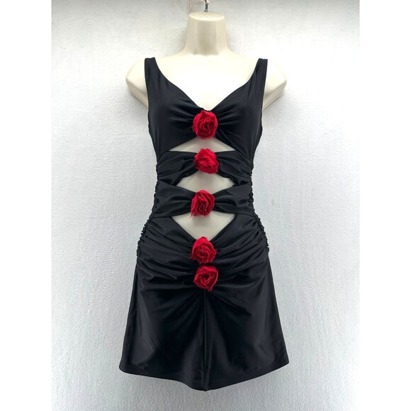 Delfi Collective Shay Short Dress Size XS Black Mini Cutout Red Rose Rosette NWT - Picture 4 of 11